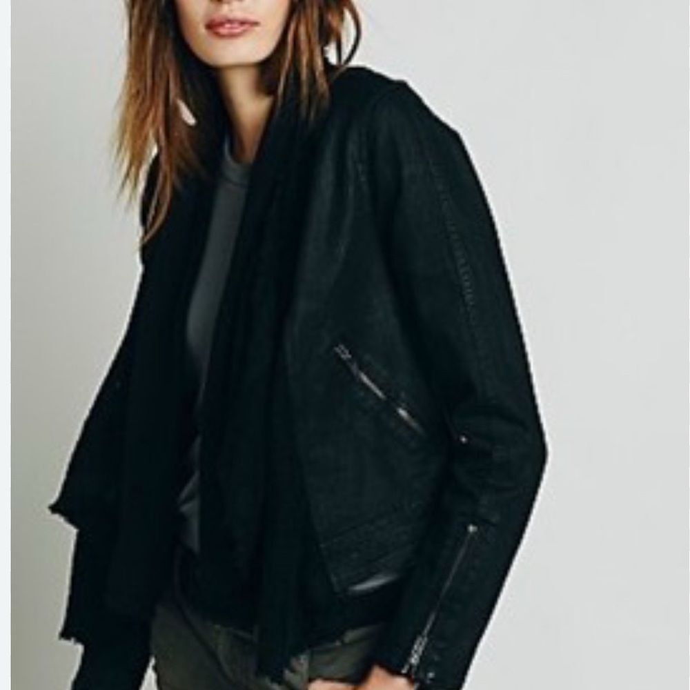Free People Black Wax Denim Moto Jacket Size 2